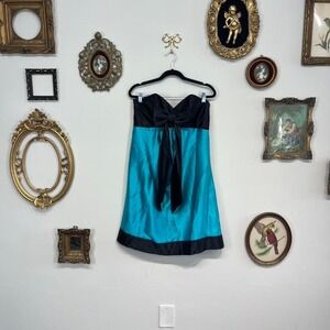 Vintage Jessica McClintock Gunne Sax Teal & Black Strapless Bow Dress – Size 11